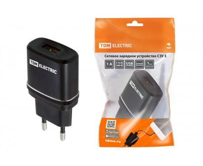 Зарядка USB Сетевое зарядное устройство СЗУ 3, 2, 1А,черный, TDM ELECTRIC