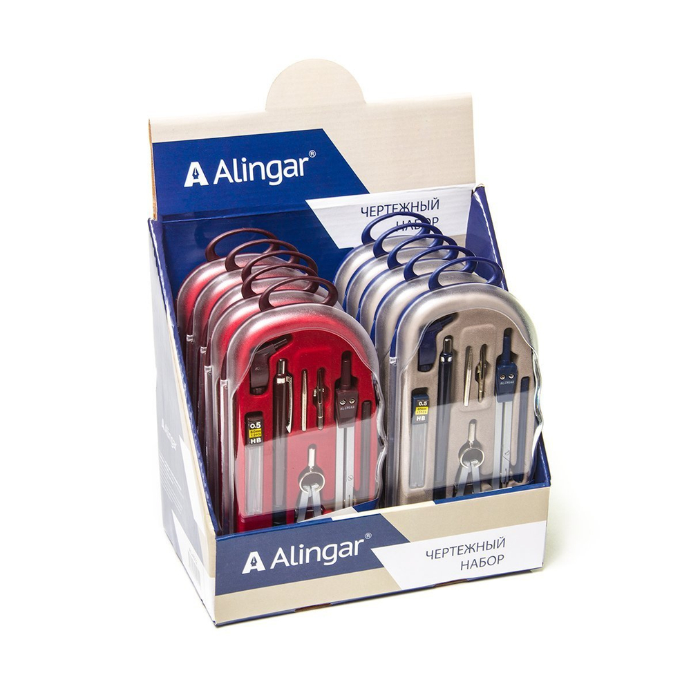 Готовальня Alingar, 9 предметов, метал.циркуль,мех.карандаш,рейсфедер.вст.,удлинитель,точечн.насадка,кронциркуль,универ.дерпластик. футляр, европодвес