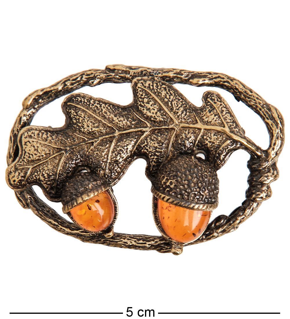AM- 899 Брошь «Желуди» (латунь, янтарь)