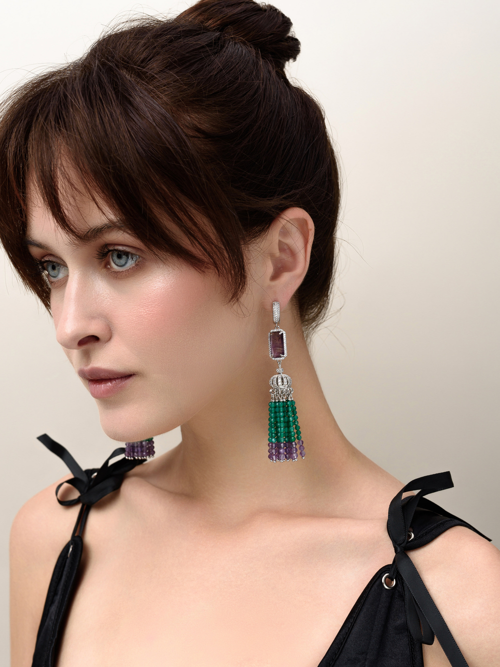 Серьги "Queen" из зеленого агата и аметиста Silver