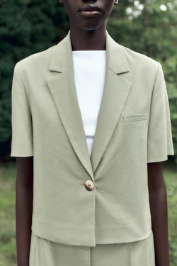 ZARA БЛЕЙЗЕР ИЗ ЛЬНА С КОРОТКИМИ РУКАВАМИ, СВЕТЛЫЙ ХАКИ