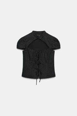 ZARA РУБАШКА ИЗ ПОПЛИНА В ГОРОШЕК С РАЗРЕЗОМ И ЗАВЯЗКАМИ, ЧЕРНЫЙ/БЕЛЫЙ