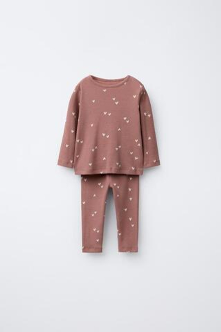 ZARA КОМПЛЕКТ ИЗ ФУТБОЛКИ И ЛЕГИНСОВ В РУБЧИК С СЕРДЕЧКАМИ, РОЗОВЫЙ
