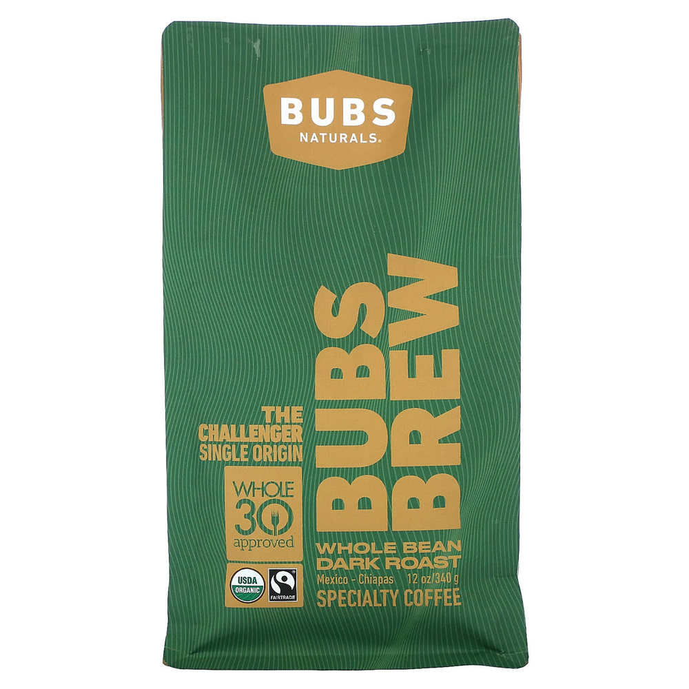 BUBS Naturals, Bubs Brew, Challenger Single Origin, цельные бобы, темная обжарка, 340 г (12 унций)