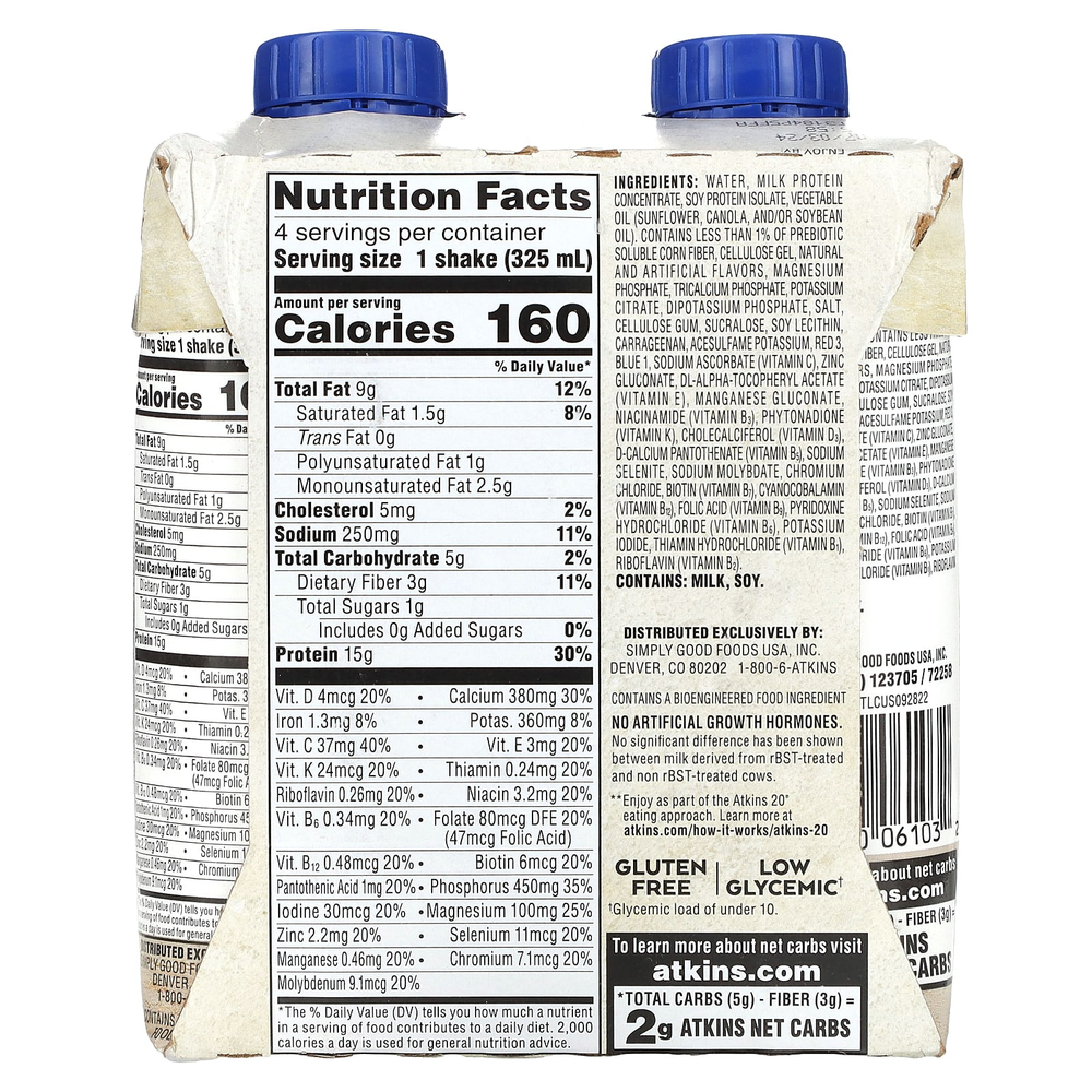 Atkins, Насыщенный протеином коктейль, клубника, 4 коктейля, по 325 мл (11 жидк. унц.)