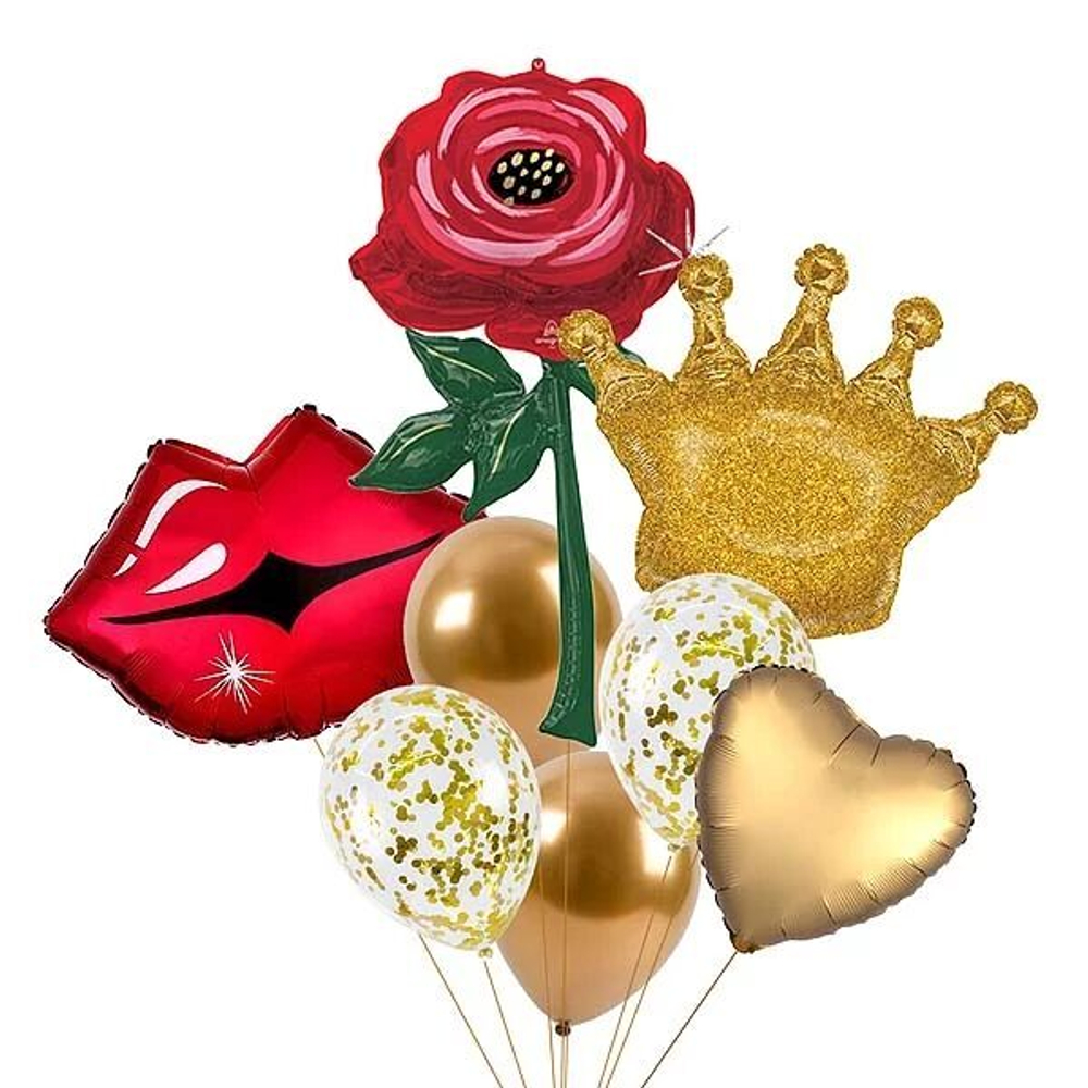 Композиция из шаров с короной и красной розой