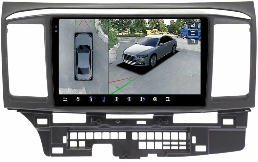 Магнитола для Mitsubishi Lancer X 2007-2016 (рамка 9) - FarCar BX037-9/3281M-360 монитор 9.5" 2K QLED на Android 13, 6Гб+128Гб, CarPlay, 4G SIM-слот, 4 камеры в комплекте