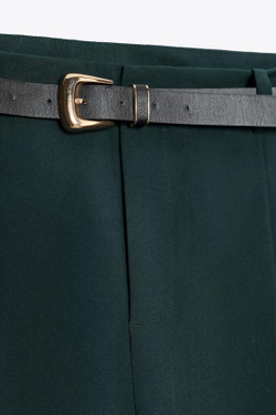 ZARA БРЮКИ С ЗАЩИПАМИ И РЕМНЕМ, СИНЕ-ЗЕЛЕНЫЙ