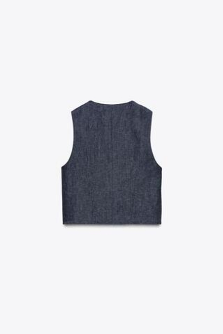 ZARA ДВУБОРТНЫЙ ЖИЛЕТ ИЗ 100% ЛЬНА, ИНДИГО