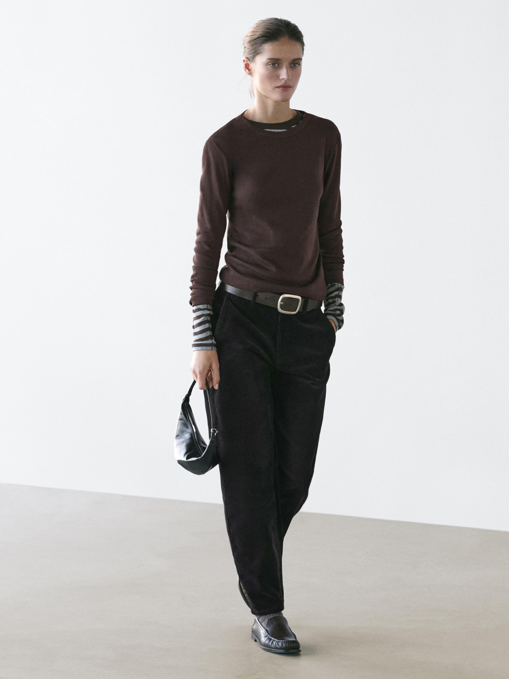 Massimo Dutti Меланжевая футболка в рубчик с длинными рукавами, коричневый