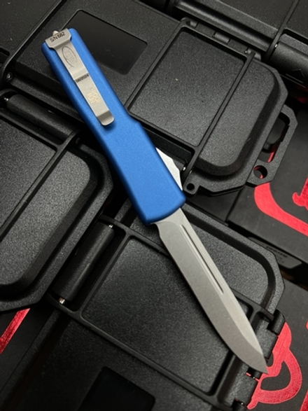 Нож Microtech UTX-70 A+++ Standard S/E BLUE - клин серый апокалиптик, рукоять синяя