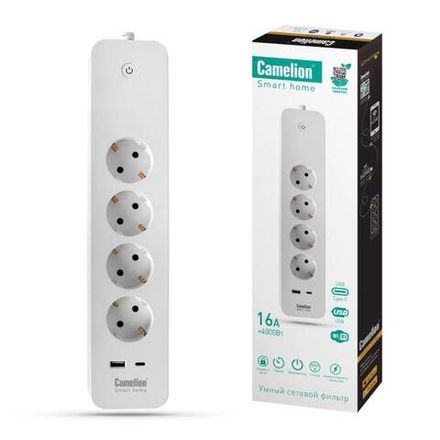 Фильтр сетевой умный Smart Home SZD/SH/4х1.5/WIFI 4гн.1.5м 16А 4000В USB+Type-С WiFi+Счетчик Camelion 14800