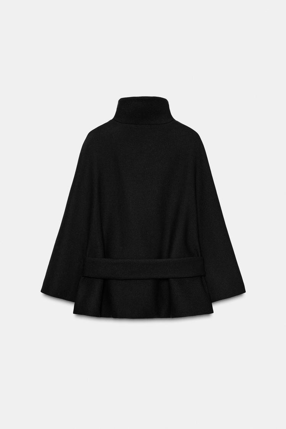 ZARA КОРОТКОЕ ПАЛЬТО-НАКИДКА С ПОЯСОМ ИЗ ШЕРСТИ, ЧЕРНЫЙ