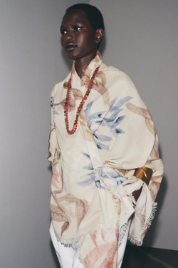 ZARA ХЛОПКОВЫЙ ПЛАТОК С ПРИНТОМ «ПИОНЫ», ПЕСОЧНЫЙ