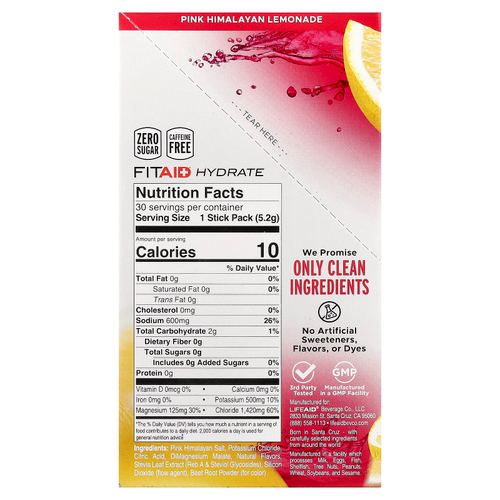 FITAID, Hydrate, розовый гималайский лимонад, 30 стиков по 5,2 г (0,18 унции)