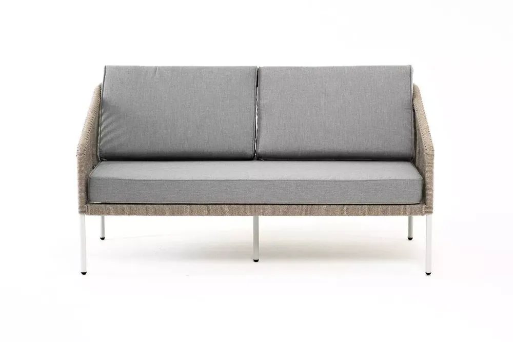 "Канны" диван 2-местный плетеный из роупа, каркас алюминий светло-серый (RAL7035) муар, роуп серый меланж круглый, ткань светло-серая