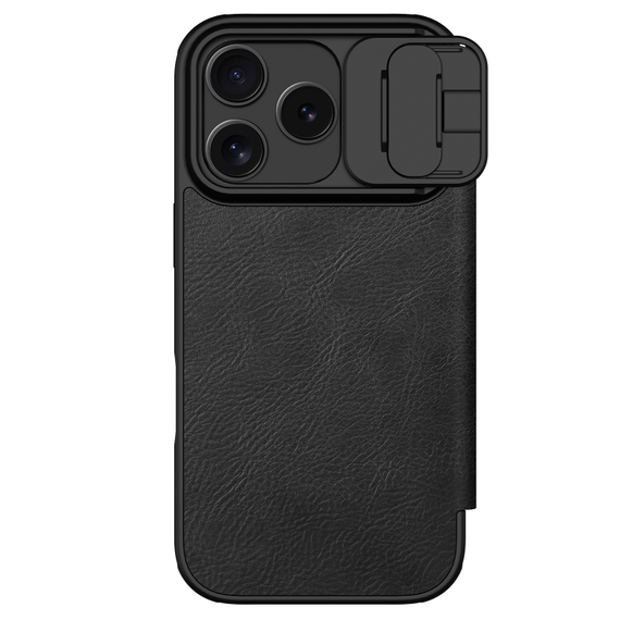 Кожаный чехол книжка от Nillkin для смартфона iPhone 17 Pro, серия Qin Pro Leather с сдвижной защитной шторкой для камеры