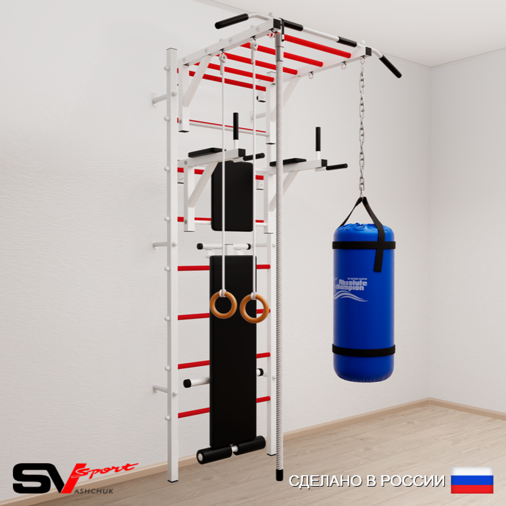 Шведская стенка Sv Sport усиленная 6542 (Турник рукоход/Брусья/Скамья/Канат/Кольца/Цепь/Мешок 22кг)
