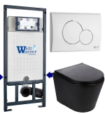 Унитаз подвесной WeltWasser MARBERG 507 + SALZBACH 043 MT-BL + MAR 507 RD GL-WT черный матовый, безободковый, с крышкой микролифт, слив торнадо, с инсталляцией и белой глянцевой кнопкой