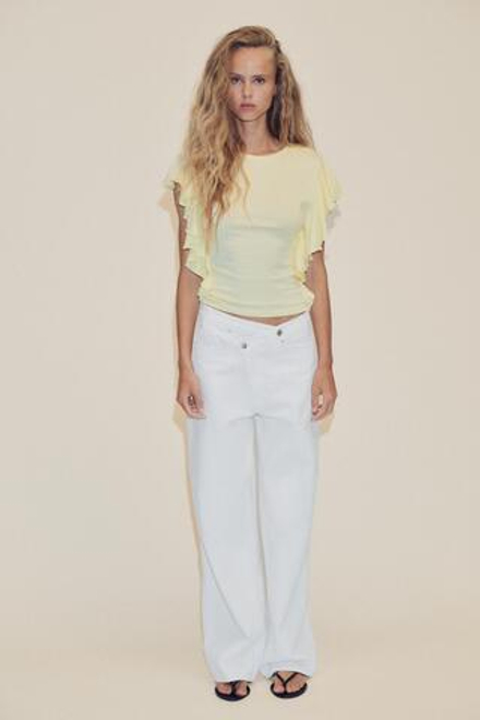 ZARA ФУТБОЛКА С РУКАВАМИ-ВОЛАНАМИ, ЖЕЛТЫЙ