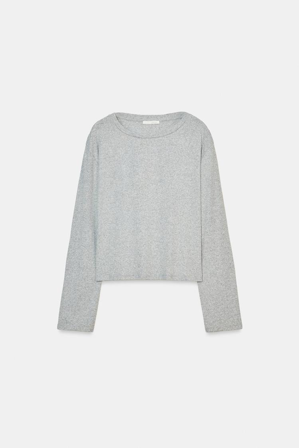 ZARA ФУТБОЛКА С ВЫРЕЗОМ «ЛОДОЧКА» И ДЛИННЫМИ РУКАВАМИ, СЕРЫЙ МЕЛАНЖ