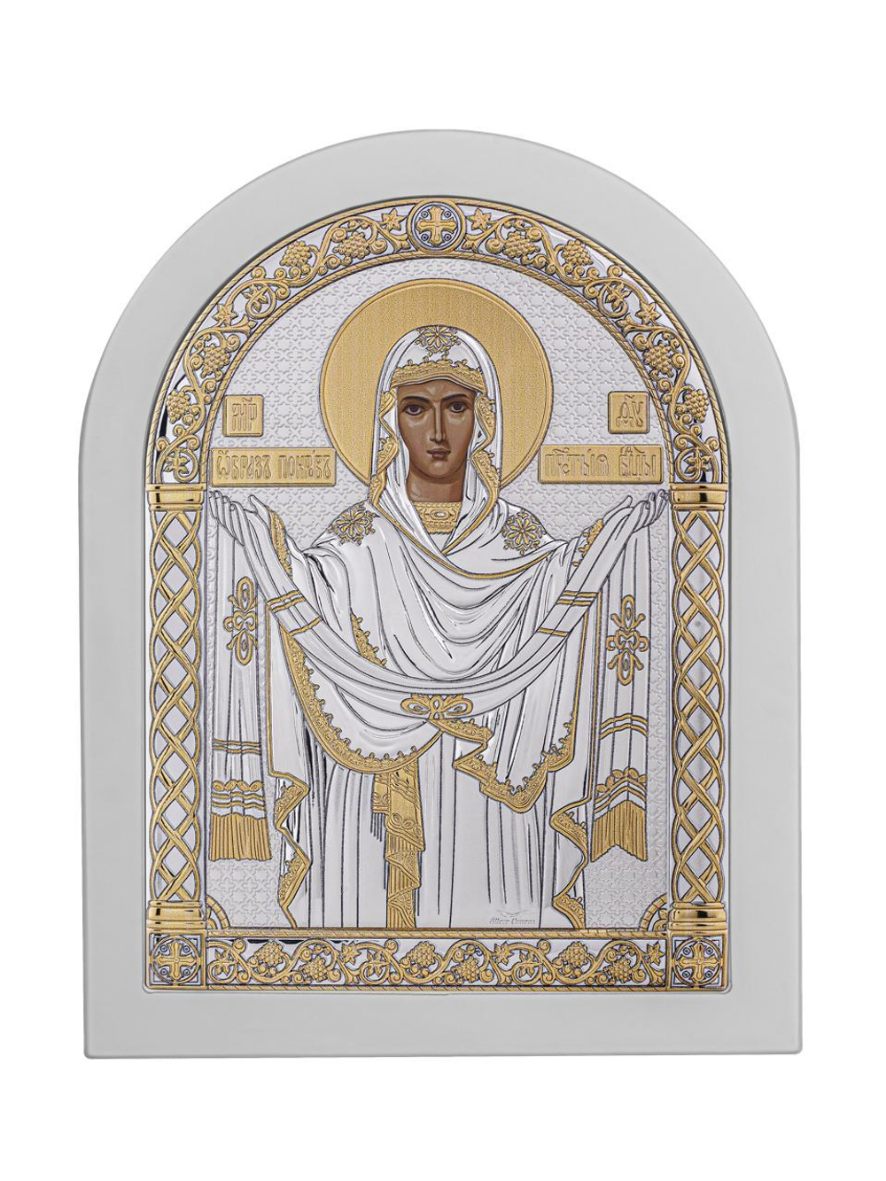 Покрова БМ, икона арочная, белое дерево 105х140