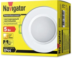 Светильник светодиодный встраиваемый IP44 5 Вт, 3000К, d83 (аналог R50 40 Вт) Downlight симметричный 176-264В пластик белый Navigator NDL-P1-5W-830-WH-LED 94820