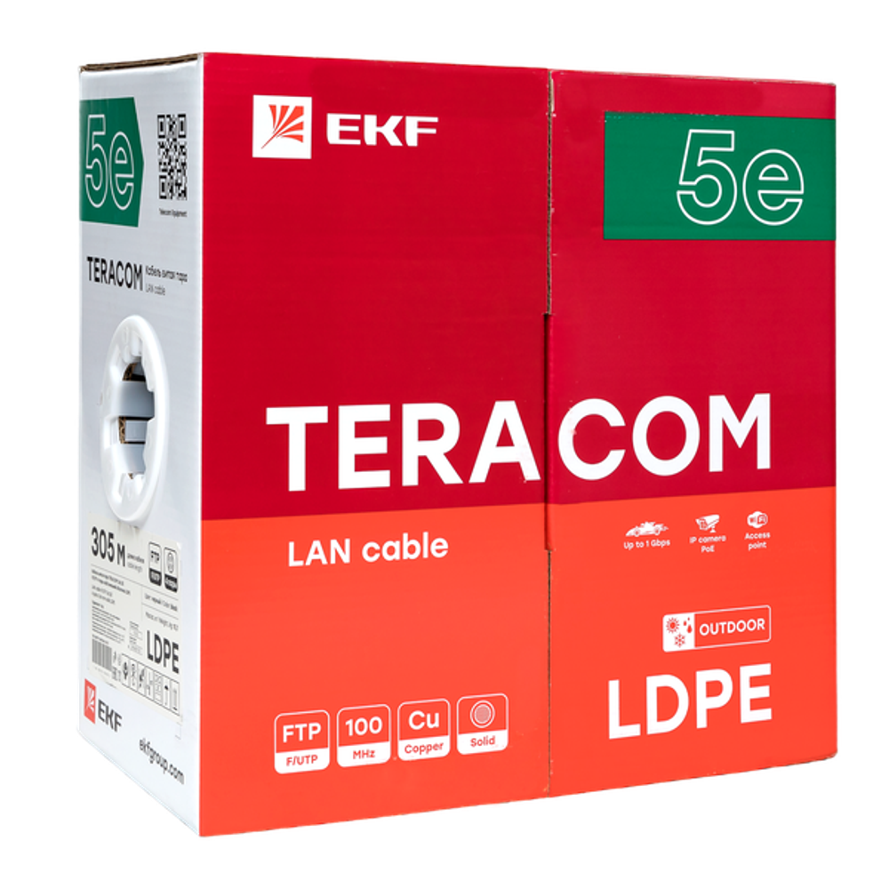 Кабель витая пара TERACOM Cat.5E F/UTP 4 пары solid внешний оболочка LDPE цвет черный (упак. 305м) (305.00 шт.)