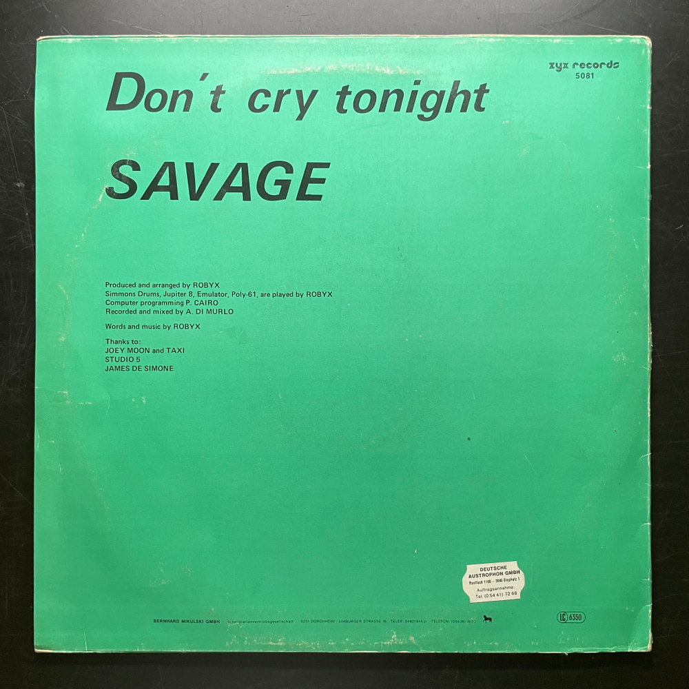 Savage ‎– Don't Cry Tonight (Германия 1983г.) 12", 45 RPM