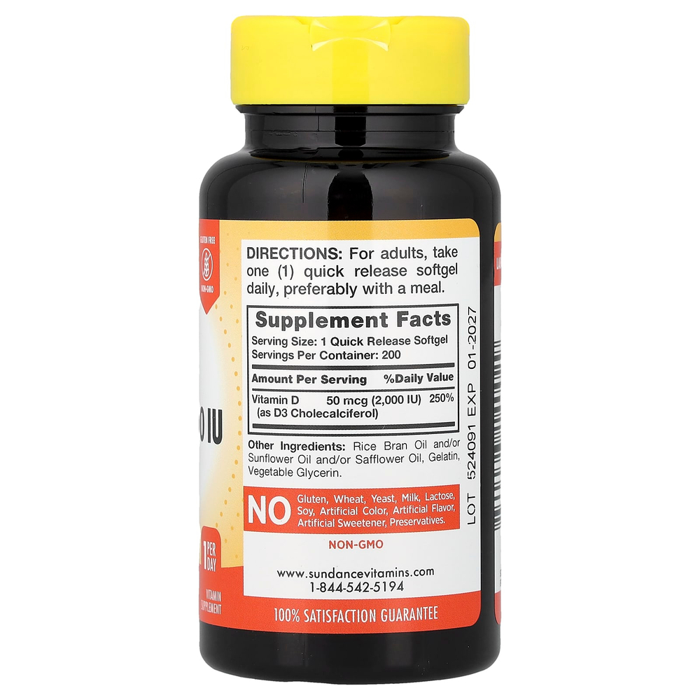Sundance Vitamins, витамин D3, высокоэффективный, 50 мкг (2000 МЕ), 200 капсул с быстрым высвобождением