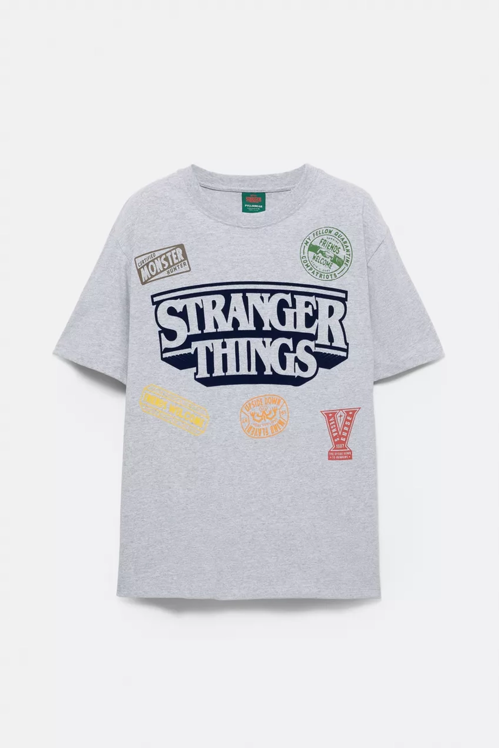 PULL&BEAR Футболка в полоску "Stranger Things" серый меланж