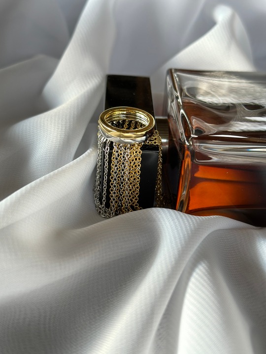 Кольцо сталь с тонкими длинными цепочками, биколор золото и серебро