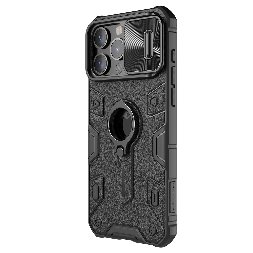 Чехол противоударный от Nillkin для смартфона iPhone 15 Pro Max, CamShield Armor Case, с кольцом и металлической защитной шторкой для камеры
