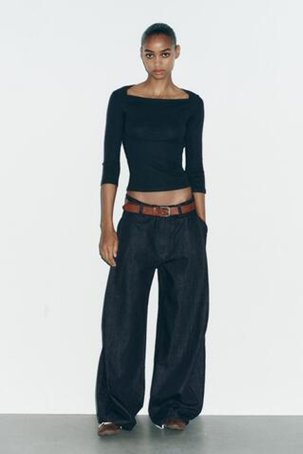 ZARA ФУТБОЛКА ИЗ ХЛОПКА И МОДАЛА, МОРСКОЙ СИНИЙ