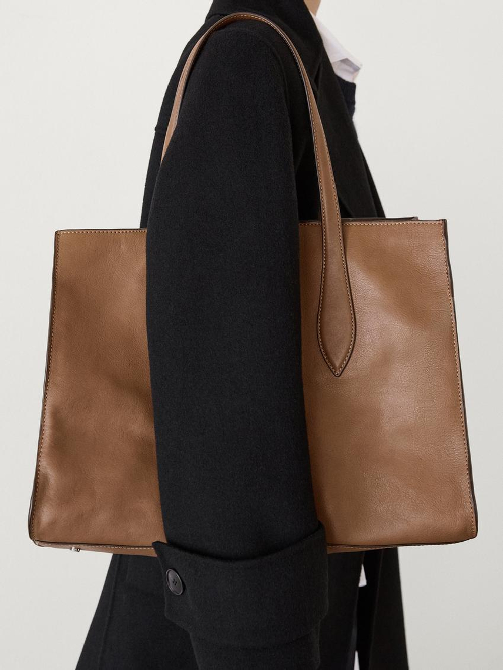 Massimo Dutti Большая сумка-шопер из кожи наппа, бежевый