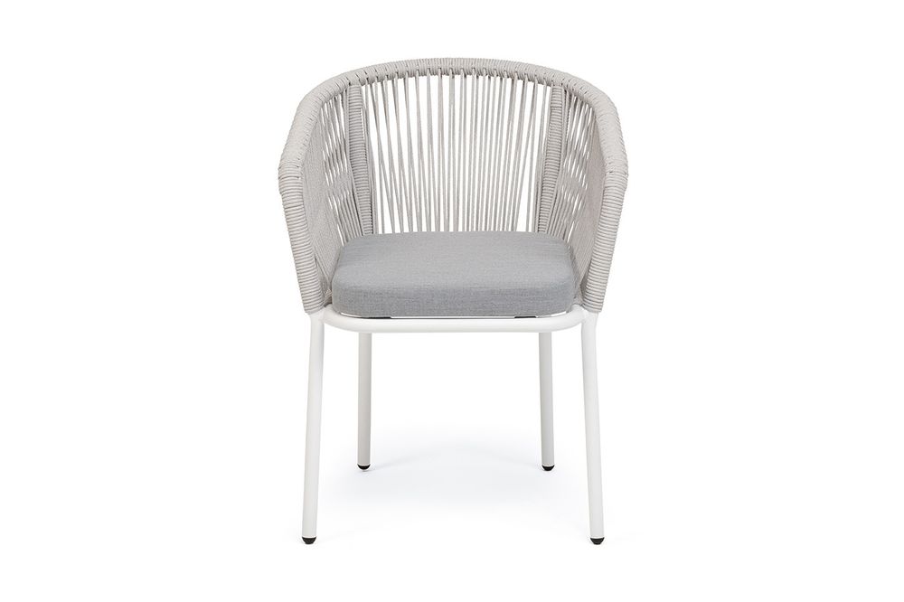 "Марсель" стул плетеный из роупа, каркас алюминий белый муар, роуп светло-серый меланж круглый tex, ткань светло-серая