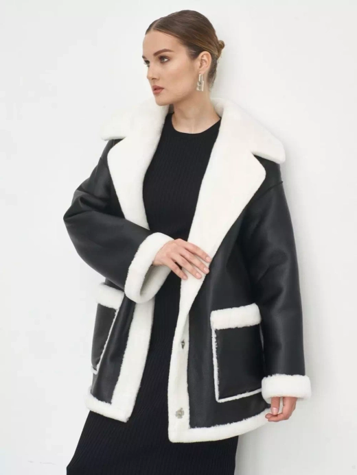 Двусторонняя дубленка из овечьей шерсти тедди чебурашка, черная, SilverFox