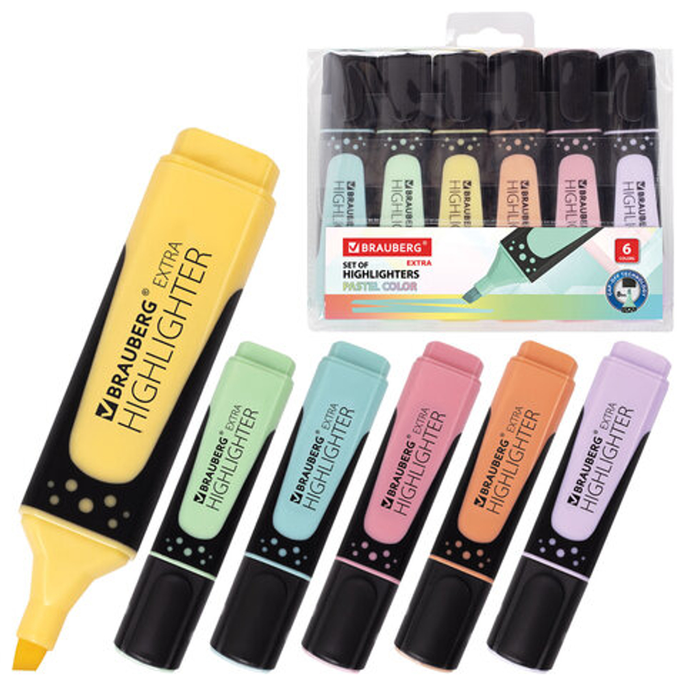 Набор текстовыделителей BRAUBERG 6 шт., АССОРТИ, "EXTRA PASTEL", прорезиненный корпус, линия 1-5 мм, 151757