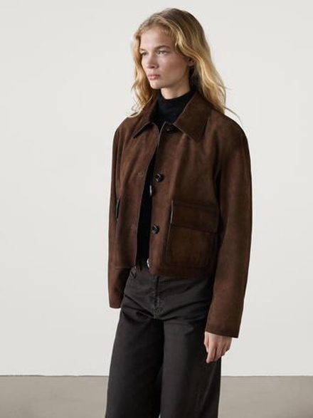 Massimo Dutti Замшевая куртка с карманами, коричневый