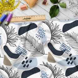 Ткань атлас рисунок листьев и голубых камней на белом фоне