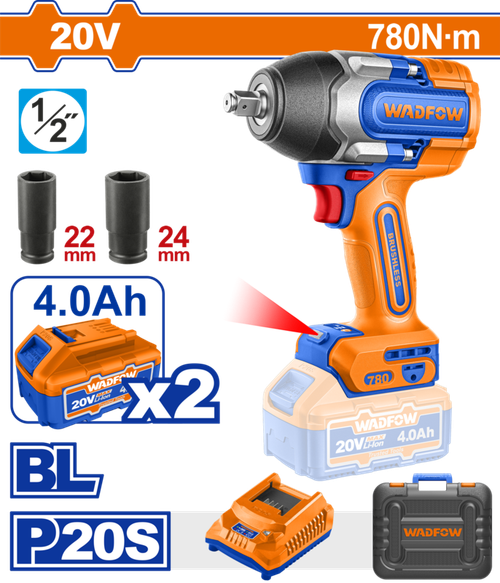 Гайковерт аккумуляторный 20В, 780 Нм, б/щ (4) WADFOW WCD1B78