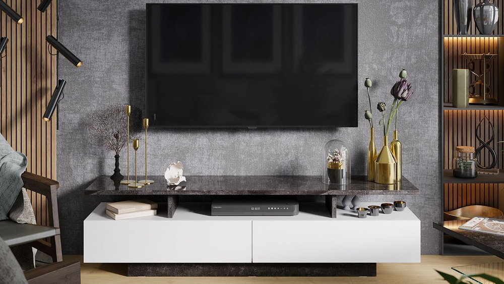 Тумба под телевизор напольная Белый/Ателье темный глянец 160х43х39 см