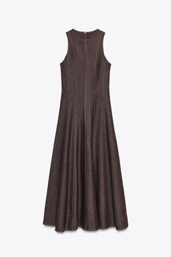 ZARA ПЛАТЬЕ-МИДИ С КОНТРАСТНОЙ ОТДЕЛОЧНОЙ СТРОЧКОЙ, КОРИЧНЕВЫЙ