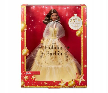 Кукла Barbie Mattel Signature - Фирменная рождественская кукла Барби 2023 с каштановыми волосами в золотом платье HJX05