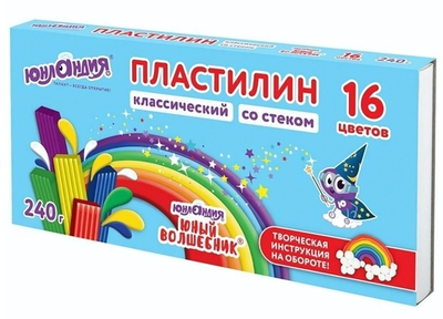 Пластилин классический 16 цветов 240г со стеком "ЮНЫЙ ВОЛШЕБНИК" (ЮНЛАНДИЯ)