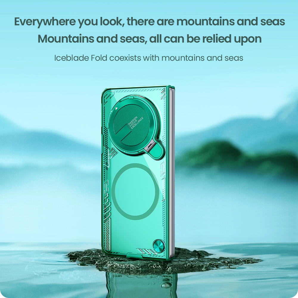 Чехол прозрачный зеленого цвета от Nillkin с металлической крышкой и поддержкой беспроводной зарядки MagSafe на OPPO Find N5, серия Iceblade Fold Magnetic