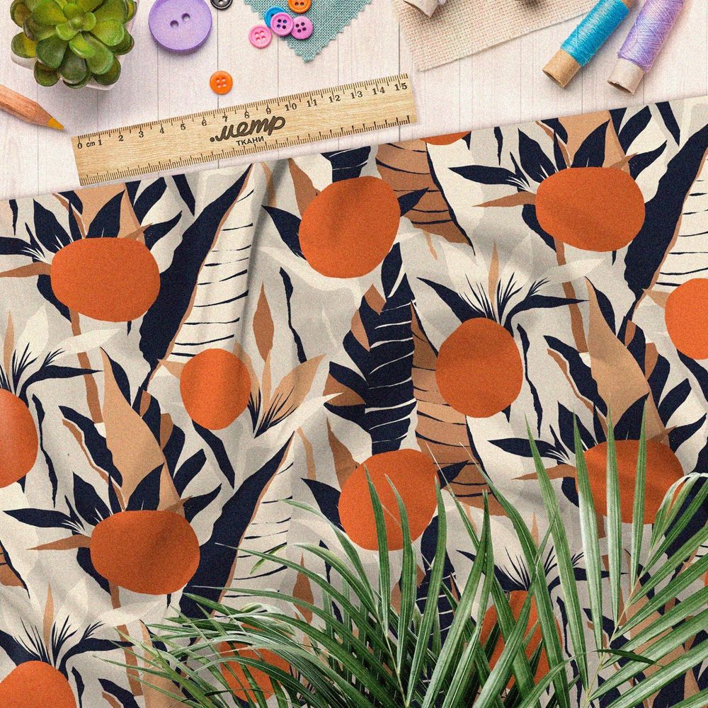 Ткань бифлекс оранжевая абстракция листьев