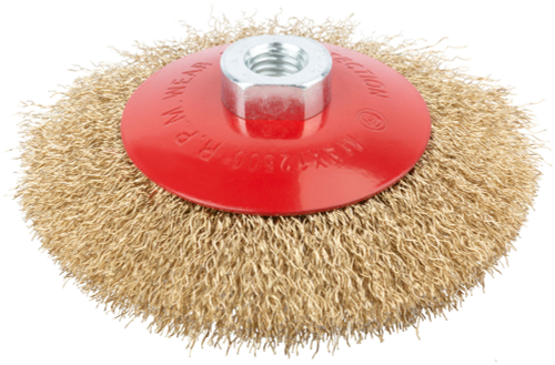 Корщетка-колесо с наклоном, гайка М14, стальная волнистая латунированная проволока 125 мм 39052