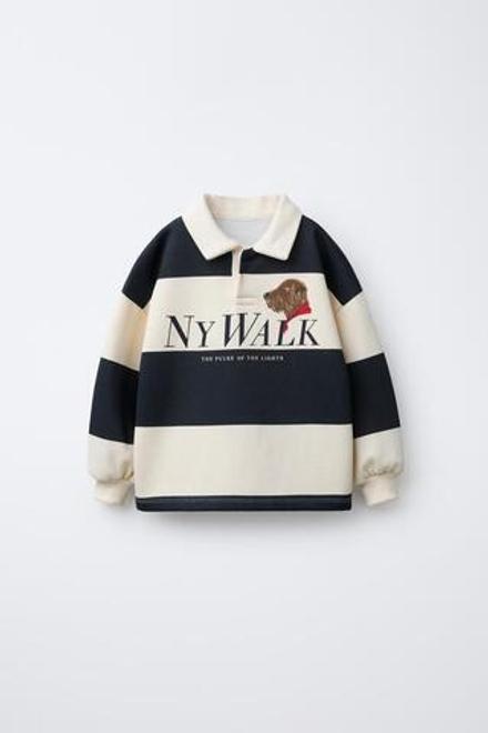 ZARA ПОЛО В ПОЛОСКУ С ПРИНТОМ «СОБАКА», СЕРЫЙ