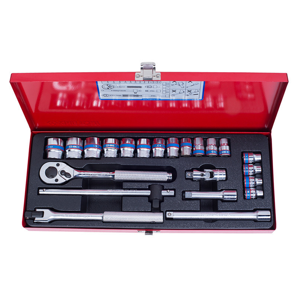 KING TONY (3023MR) Набор торцевых головок с принадлежностями 3/8", 12-гранные, 6-22 мм, 22 предмета